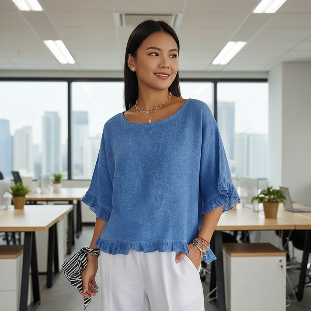 Luna - Rundhals-Top mit gerafftem Saum und Taillenärmeln