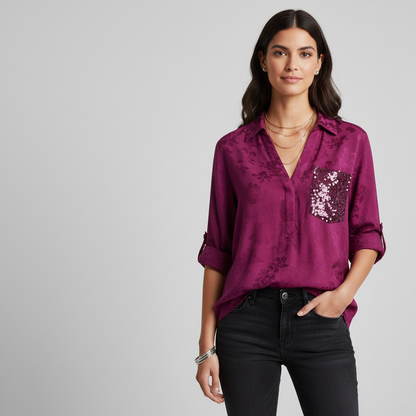 Nalia - Patchwork-Top mit Pailletten und Blattdruck