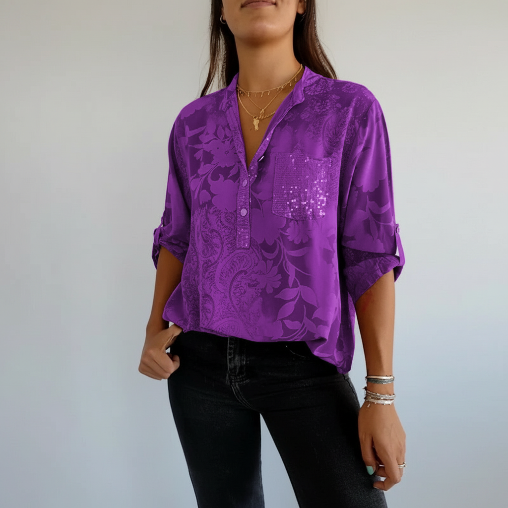 Nalia - Patchwork-Top mit Pailletten und Blattdruck