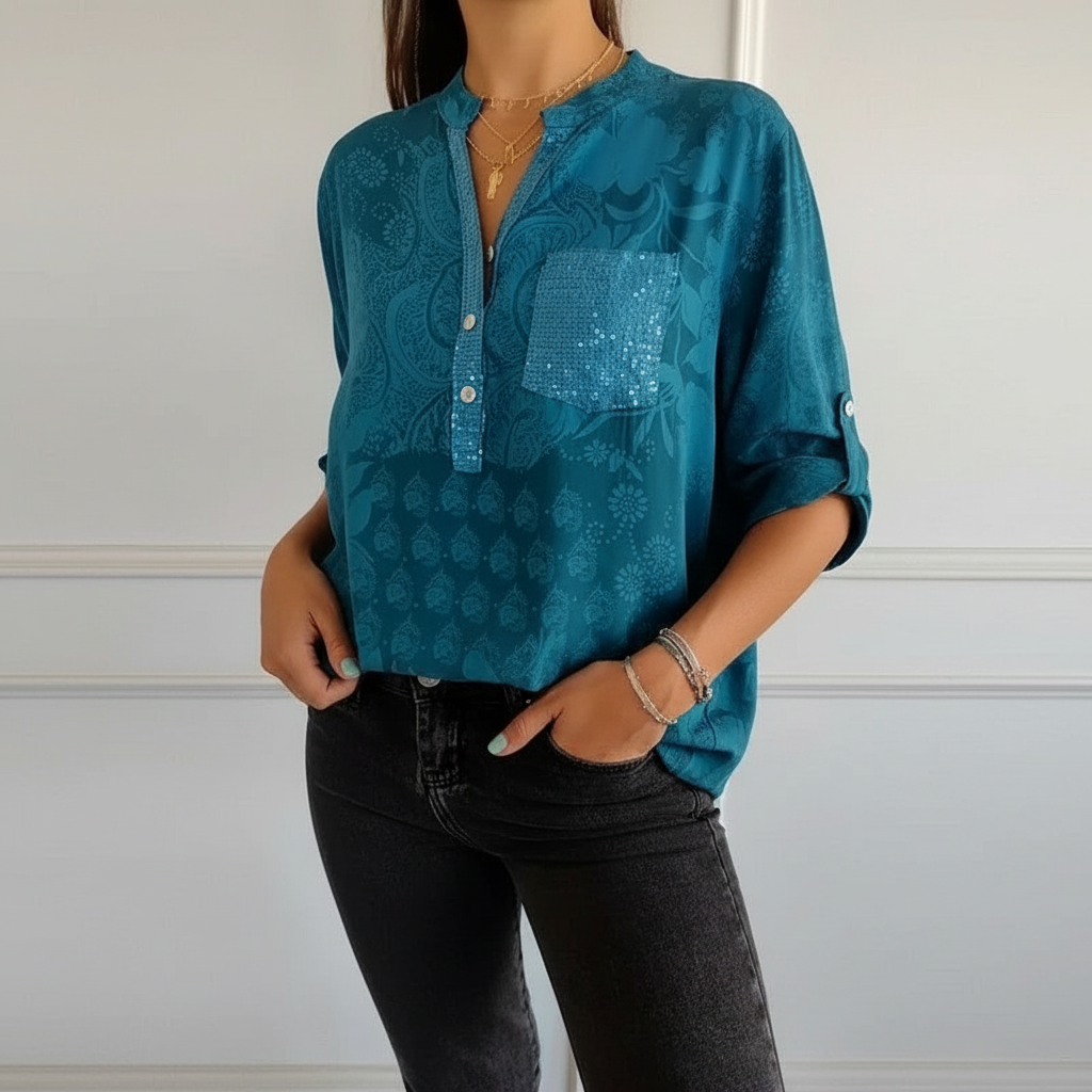 Nalia - Patchwork-Top mit Pailletten und Blattdruck
