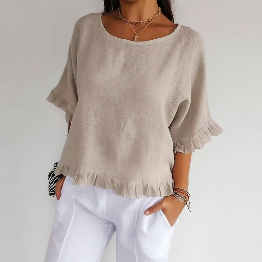 Luna - Rundhals-Top mit gerafftem Saum und Taillenärmeln