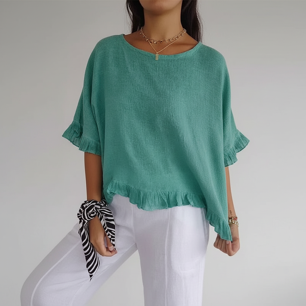 Luna - Rundhals-Top mit gerafftem Saum und Taillenärmeln