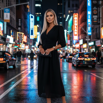 Natalia - Einfarbiges Taillenkleid mit V-Ausschnitt
