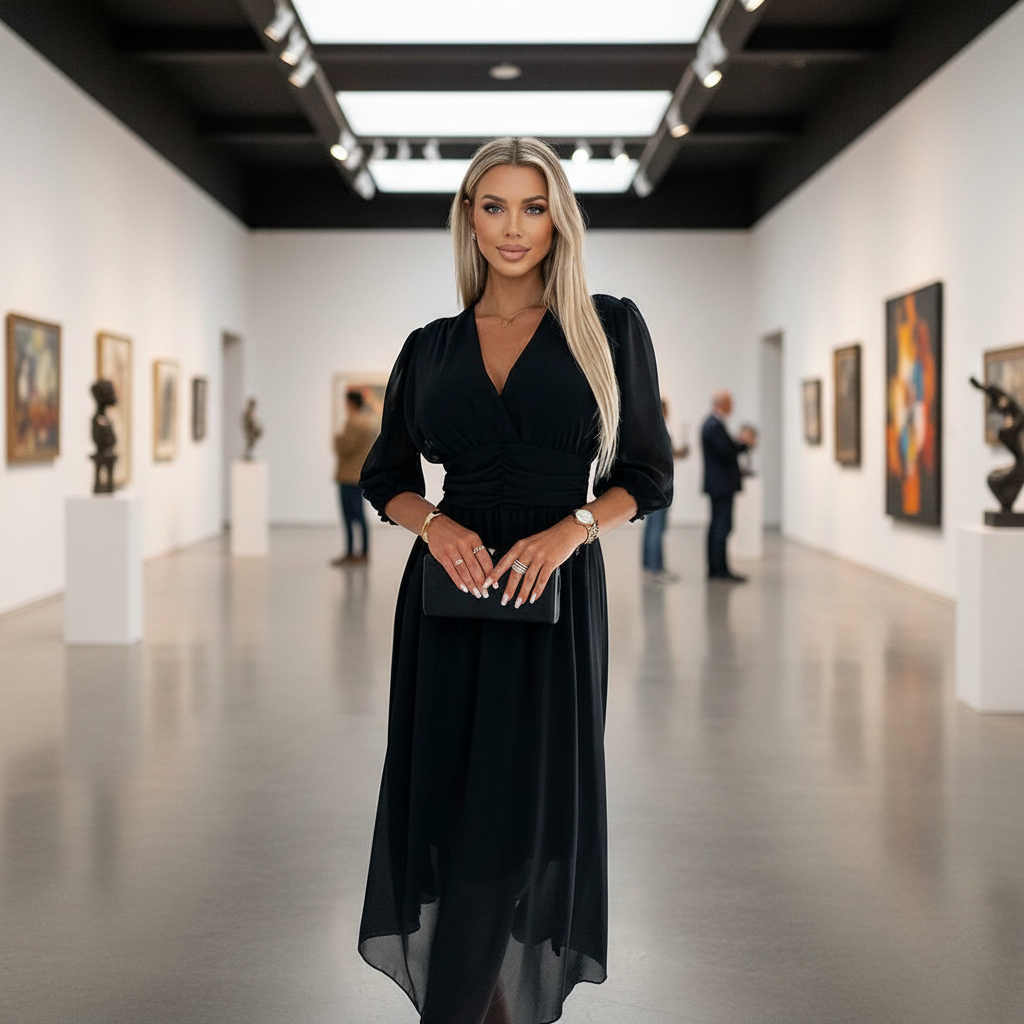 Natalia - Einfarbiges Taillenkleid mit V-Ausschnitt