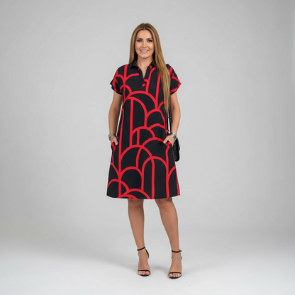 Virginia - Midikleid mit Print, kurzen Ärmeln und Reverslinie