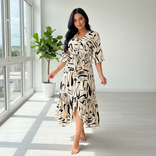 Ferana - Kleid mit Tintendruck und V-Ausschnitt